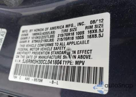 2012 Honda Cr-V Lx z USA, uszkodzony, nr VIN 5J6RM3H30CL041804